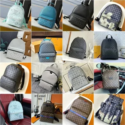 A grid of backpacks in black, navy, grey and patterned fabrics