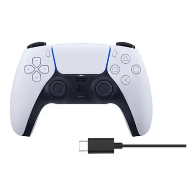 A white wireless game controller with a USB-C cable