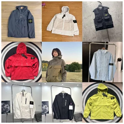 A grid of jackets and vests in navy, white, red and yellow