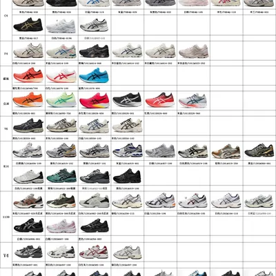 A grid of trainers in grey, red and white