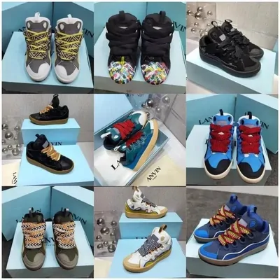 Chunky skate-style trainers in several colourways standing on pale blue boxes
