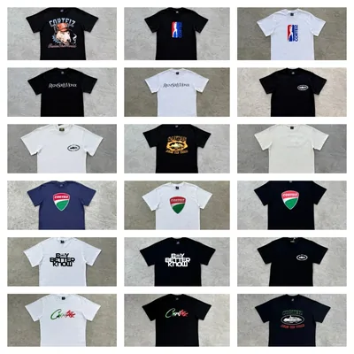 Printed T-shirts in black and white laid out in a grid