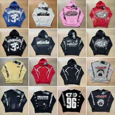 A grid of graphic pullover hoodies in blue, pink, red and black