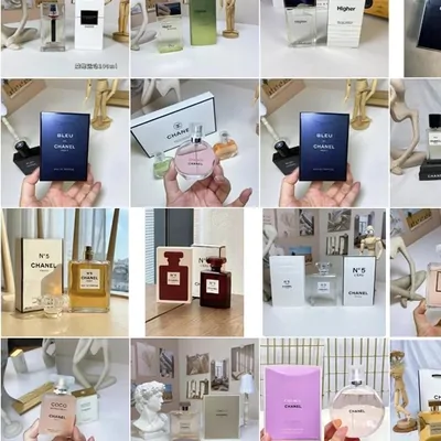 Perfume bottles of different shapes and colours shown in a grid