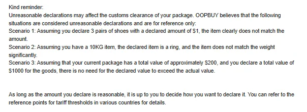Oopbuy help page kind reminder listing three unreasonable declaration scenarios