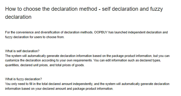 Oopbuy help page on choosing the declaration method