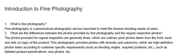 Oopbuy Introduction to Fine Photography page saying regular inspection photos are generally three