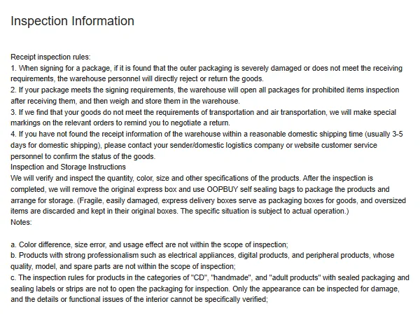 Oopbuy Inspection Information page