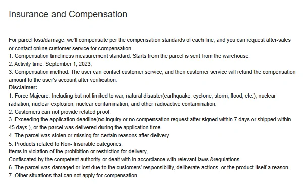 Oopbuy Insurance and Compensation page with seven disclaimers