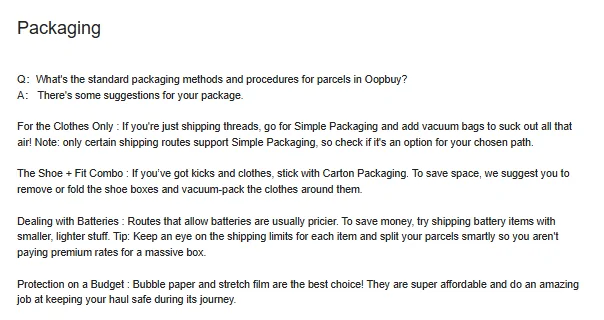 Oopbuy Packaging page with suggestions by item type