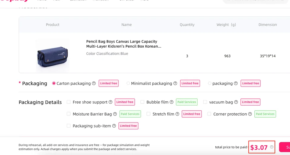 Oopbuy parcel rehearsal form showing an item, its weight, dimensions, packaging options and a total