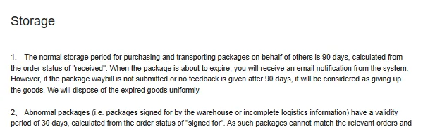 Oopbuy Storage page with the 90-day and 30-day storage periods
