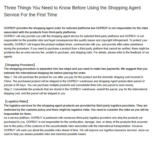Oopbuy help page Three Things You Need to Know Before Using the Shopping Agent Service
