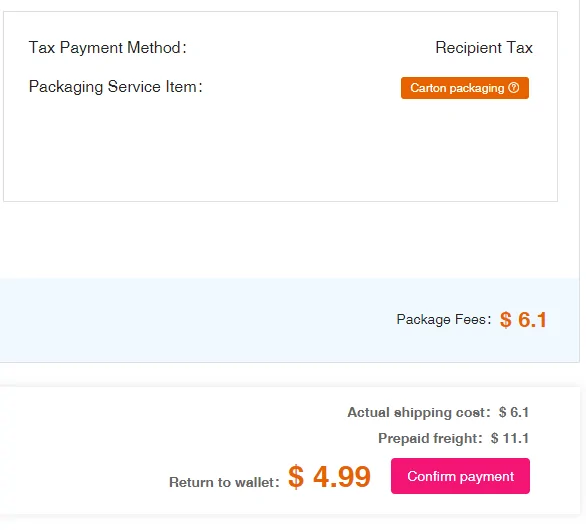 Older Oopbuy checkout panel showing Tax Payment Method Recipient Tax and package fees